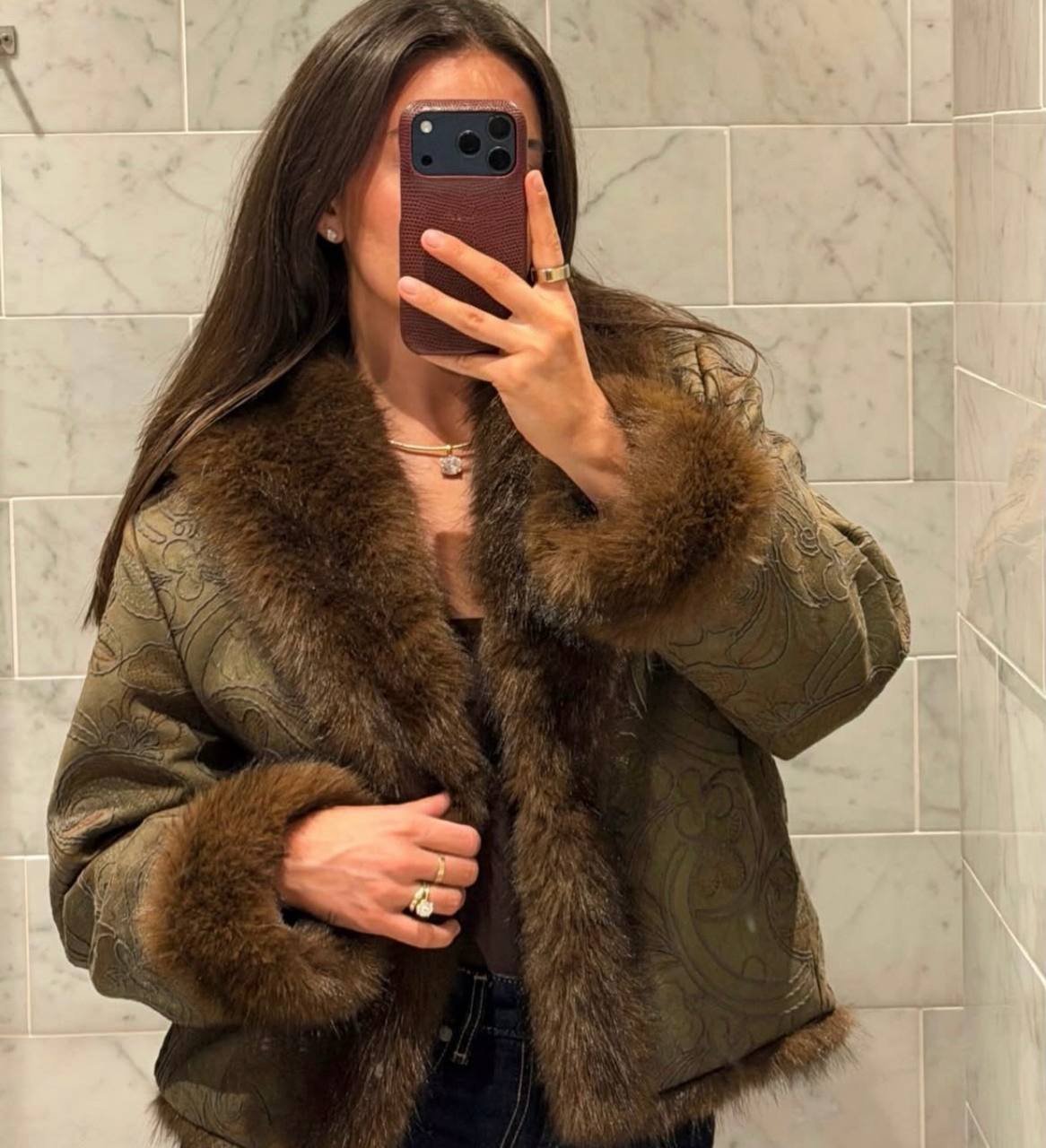 Z4RA ORIGINAL EMBPROIDERED DOUBLE FACED JACKET DARK OIL